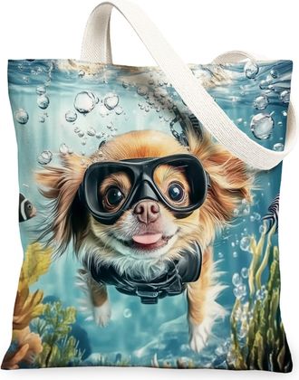 Generic Pop Art Bichon Frise Dog Canvas Tote Bag for Shopping 13x15, Ocean Sea Nautical Puppy Reusable Grocery Print Bag for Women, Fun Pet Beach Aesthetic Pa