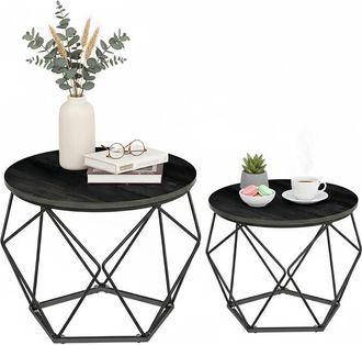Relaxdays Relaxdays coffee table set, 2 pcs, wood-look & metal, vintage, round side tables, living room & bedroom, black