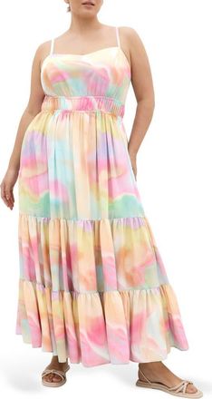 City Chic Kalea Shirred Waist Maxi Dress in Pastel Swirl at Nordstrom, Size Xxxs
