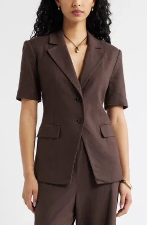 Open Edit Short Sleeve Linen Blend Blazer in Brown Seal at Nordstrom, Size Xx-Small