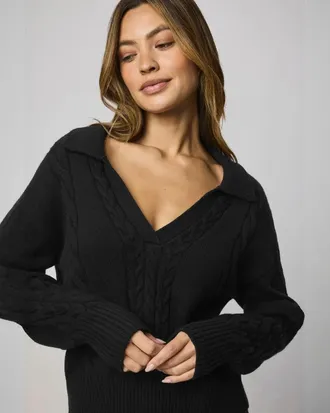 Splendid Jet Set Polo Sweater Womens Black Cable Knit V Neck Pullover GBO3771