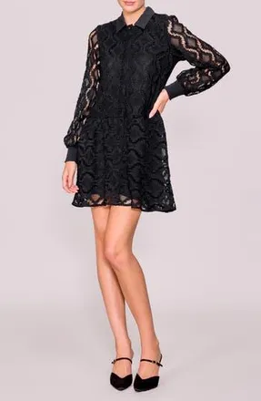 Melloday Button Front Long Sleeve Lace Minidress in Black at Nordstrom Rack, Size Large
