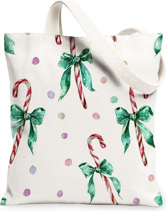 Generic Candy Cane Canvas Tote Bags, Holiday Bow Pattern Reusable Grocery Bags, Festive Merry Lightweight Washable Shoulder Strap Canvas for Shopping Travel B