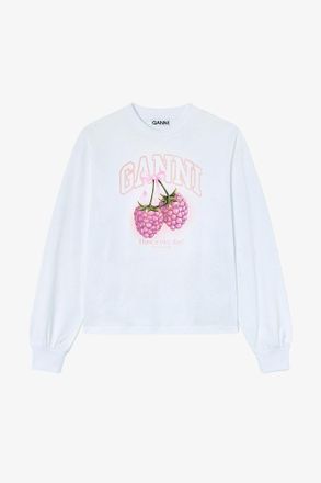 Ganni White Long-sleeve T-shirt with Raspberries - Size XXS Organic Cotton