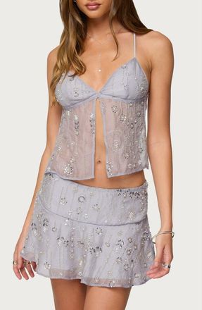Edikted Kylie Beaded Split Front Top in Gray at Nordstrom, Size X-Small