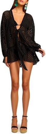 Ramy Brook Caya Eyelet Tie Front Cover-Up Minidress in Black at Nordstrom Rack, Size Small