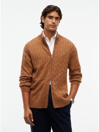 Tommy Hilfiger Mens Cable Knit Lambswool Zip Cardigan - Timeless Tawny - XL
