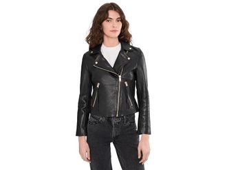 AllSaints Dalby Biker Womens Clothing Black/Gold : UK 14 (US Womens 10), Polyester/Leather