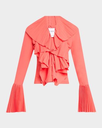 Alexander McQueen Long-Sleeve V-Neck Pleated Ruffle Blouse