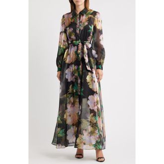 Julia Jordan Floral Long Sleeve Shirtdress Gown in Black Multi at Nordstrom Rack, Size 10
