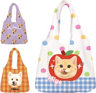 Generic Personalized Pet Portrait Shopping Tote Bag, Custom Design, 3 Sizes, Double-Sided Print (Blue Dots)