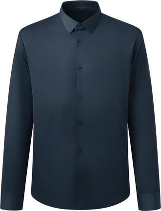 AlltheMen Mens Dress Shirt Long Sleeve No Iron Stretch Plain Shirts Business Formal Button Down Shirt Classic Fit Navy Blue S