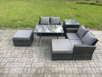 Fimous 6 Seater Garden Dining Set Wicker PE Rattan Outdoor Furniture Sofa with Rectangular Dining Table Double Seat Sofa 2 Big Footstool Side Table