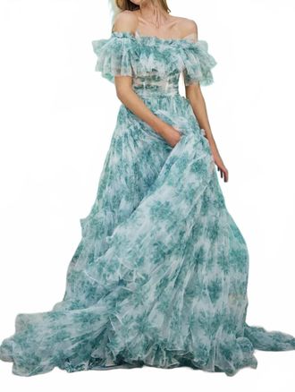 Sherri Hill Off Shoulder Floral Corset Gown In Green Print