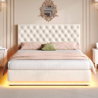 C&A Double Ottoman Bed with LED Lighting,Velvet Upholstered Bed,Manual Button Tufted Adjustable Headboard,Beige
