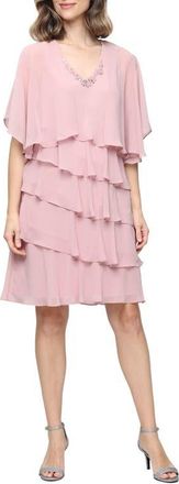 S.L. Fashions Tiered Ruffle Chiffon Dress with Jacket in Faded Rose at Nordstrom, Size 14