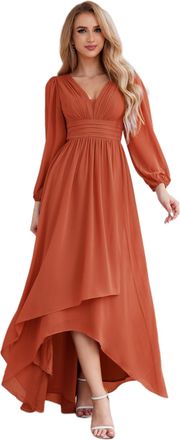 Ever-pretty Maxi Womens Evening Dresses Double V-Neck and Long Sleeves A-Line High-Low Chiffon Bridesmaid Dress Burnt Orange 14UK