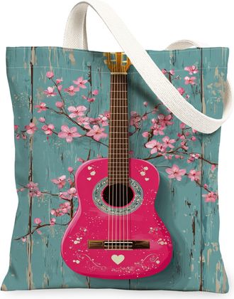 Generic Floral Guitar Canvas Tote Bags, Artistic Blossom Pattern Reusable Grocery Bags, Spring Lightweight Washable Shoulder Strap, Peach, 13x15 Inch