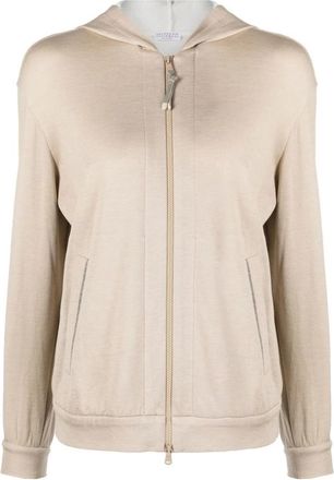 Brunello Cucinelli Hoodie van katoen en zijde - Dames - Vesten met rits - Beige - L - Katoen - Hoodies & sweatvesten