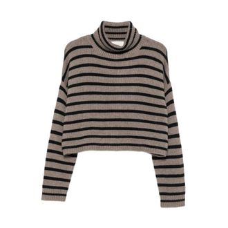 Lisa Yang Trui met rolkraag en strepen - Dames - Cashmere truien - Beige - S - Kasjmier - Truien & Vesten