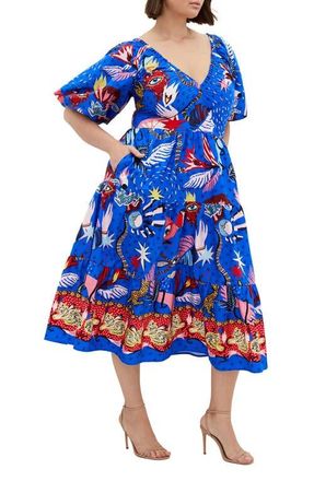 City Chic Capria Puff Sleeve Cotton Midi Dress in Calista at Nordstrom