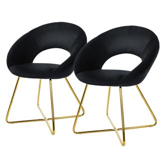 ML Design Ml-design - 2x Sillas De Comedor Negras Ergon&oacute;micas Asiento Tapizado Aspecto Terciopelo Patas De Metal Doradas Con Respaldo Redondo Y Reposabrazos Sil