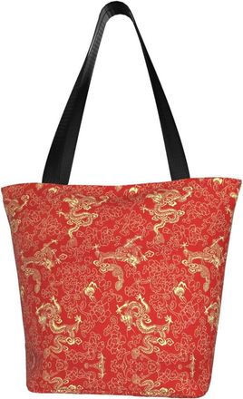 AOOEDM Fragment Of Red Chinese Silk Tote Bag Women Capacity Shoulder Grocery Shopping Bags