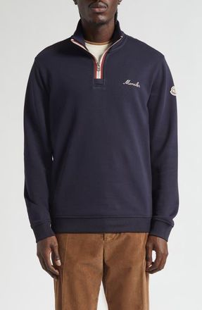 Moncler Embroidered Logo Patch Fleece Quarter Zip Sweatshirt in Navy Blue at Nordstrom, Size Xxx-Large