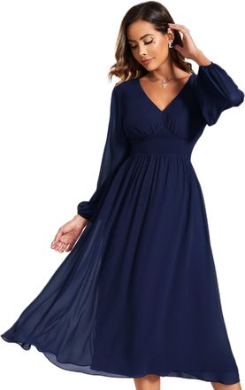 Ever-pretty Party Dresses for Women Midi Long Sleeve Wedding Guest Dresses V Neck Midi Navy Blue 12