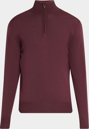 Canali Men & apos;s Claret Wool Tipped Half-Zip Sweater