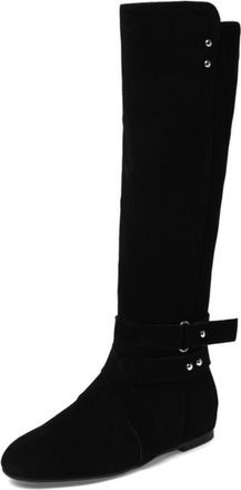 Generic Womens Flat Heel Knee High Boots with Buckle Round Toe Casual Boots Faux Suede Long Boot with Side Zipper,Black Single Lining,2.5 UK