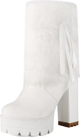 Generic Womens Lined Winter Boots with Block Heel, Fashionable Fur-Trimmed PU Leather Boots with Long Fur Collar Zippered Ankle Boots Warm Mid-Calf Snow Boots