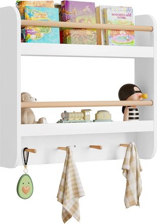 Woltu Libreria Infantil Para Ni&ntilde;os Estanteria Infantil De Pared Libreria Montessori De 2 Niveles Con 4 Ganchos Para Habitaci&oacute;n De Ni&ntilde;os Y Guarder&iacute;a 60x12x55