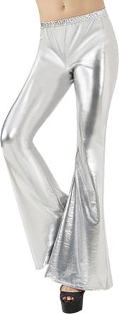Generic Womens Trousers Womens Shiny Metallic Flared Pants High Waisted Stretchy Bottom Wide Leg Pants Trousers (Silver, M)