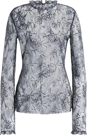 Alberta Ferretti Long-Sleeved Black Lace Blouse with Ruffle Accents