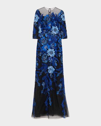 Teri Jon Floral Embroidered Tulle Gown