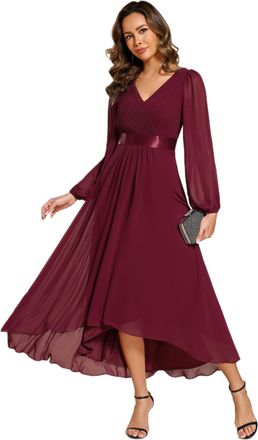 Ever-pretty Women Dress Elegant Evening Dress High-Low Chiffon with Deep V and High Waist Design Bridesmaid Wedding Guest Dress Burgundy 16UK