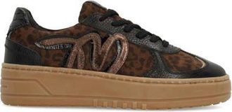 Manfield leren sneakers met ponyhair en panterprint zwart