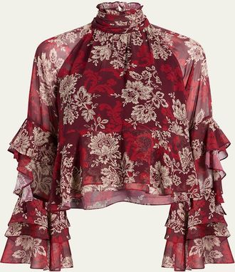Cinq &agrave; Sept Gilded Paisley Tiered Ruffle-Sleeve Blouse