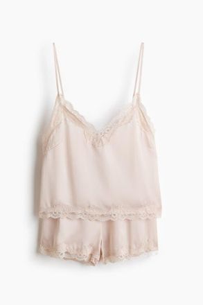 H&M Lace-trimmed Satin Pyjamas in Light Beige at Nordstrom, Size X-Large