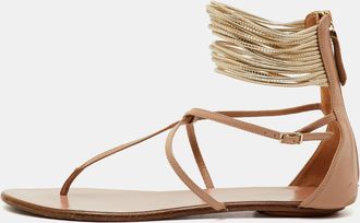 Aquazzura Beige/gold Leather T-Strap Ankle Cuff Flats