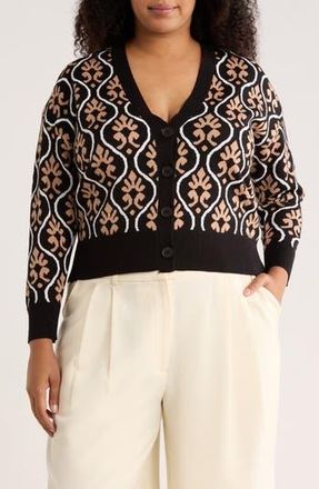 T Tahari V-Neck Double Knit Cardigan in Black/Camel/White at Nordstrom Rack, Size 1X