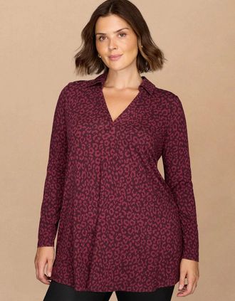 Live Unlimited London Womens Burgundy Animal Print Jersey Polo Collar Tunic - Purple - Size: 14