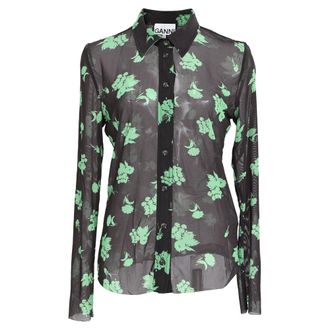 Ganni Ganni Printed Button-Down Mesh Shirt in Black Polyamide