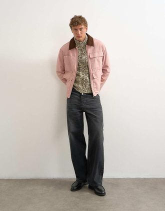 Topman giacca barn cropped relaxed fit con colletto in velluto a coste rosa polvere