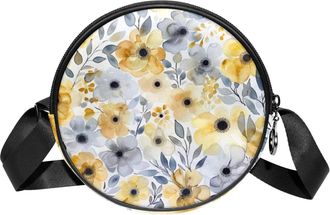 Generic Circle Crossbody Bag for Women, Floral Leaves Small Sling Bag Daypack with Zipper Adjustable Shoulder Straps Casual Ladies Girls Round Purse