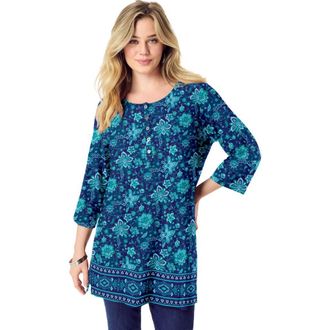 Roaman's Henley Ultra Drape Tunic in Navy Floral Border at Nordstrom, Size 32