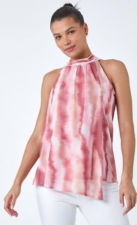 Roman Printed Mesh High Neck Tie Top