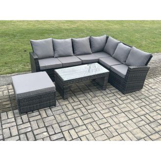 Fimous Rattan Corner Sofa Garden Furniture Set with Big Footstool Rectangular Coffee Table with Cushion Dark Grey Mixed - Fimous