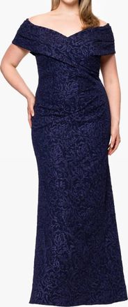 Betsy & Adam Jacquard Off The Shoulder Floor Length Dress In Navy